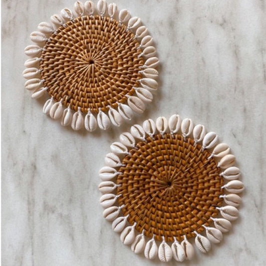 Set of Honey Rattan Shell Coaster, Cowrie Shell Rattan